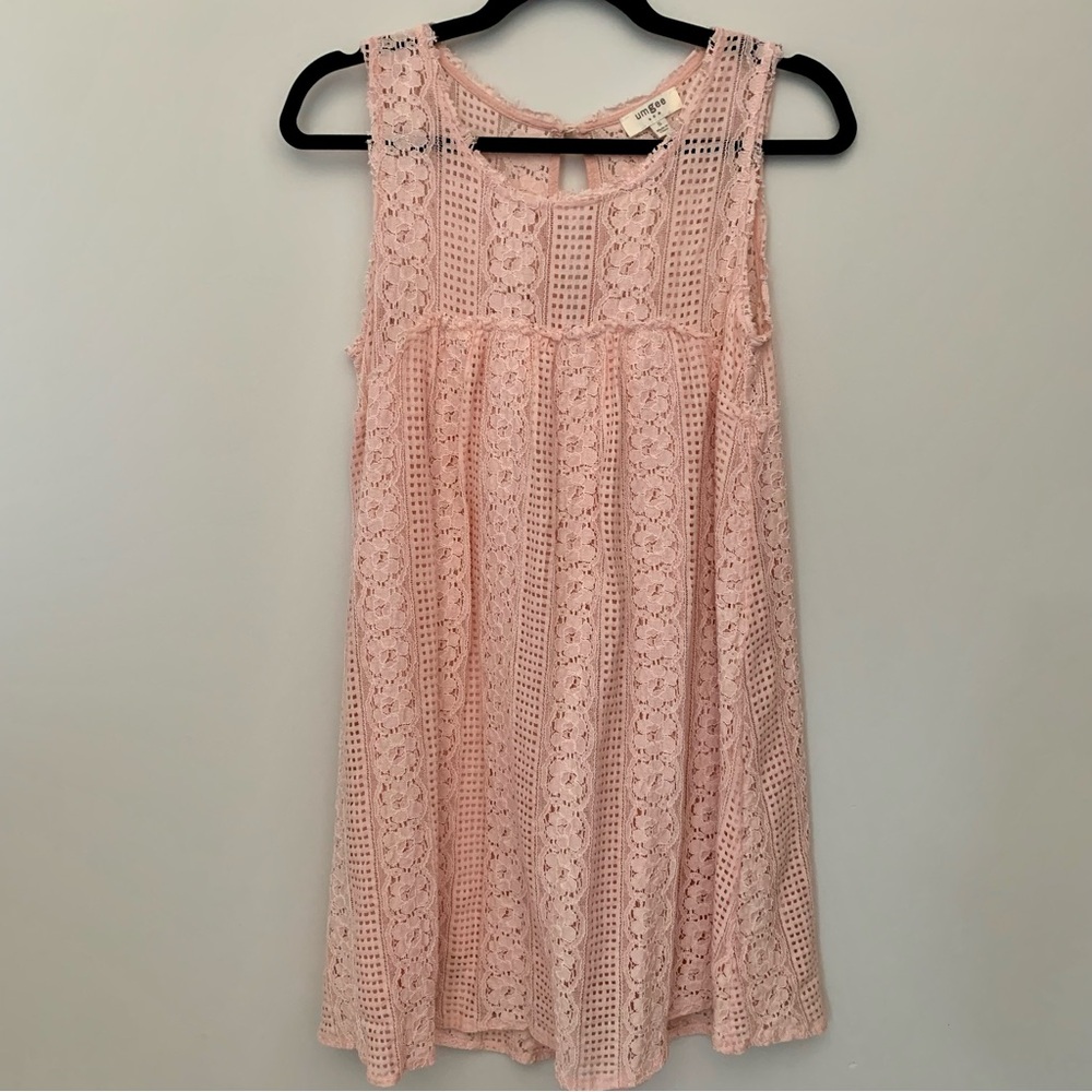 UMGEE Women’s Sleeveless Shift Dress Light Peach Delicate Rough Cut Lace Lined S